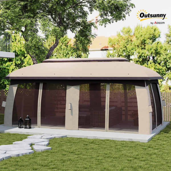 Outsunny 10' x 20' Patio Gazebo, Outdoor Gazebo Canopy Shelter with Netting, Curtains, Vented Roof, Steel Frame for Garden, Lawn, Backyard, and Deck, Beige