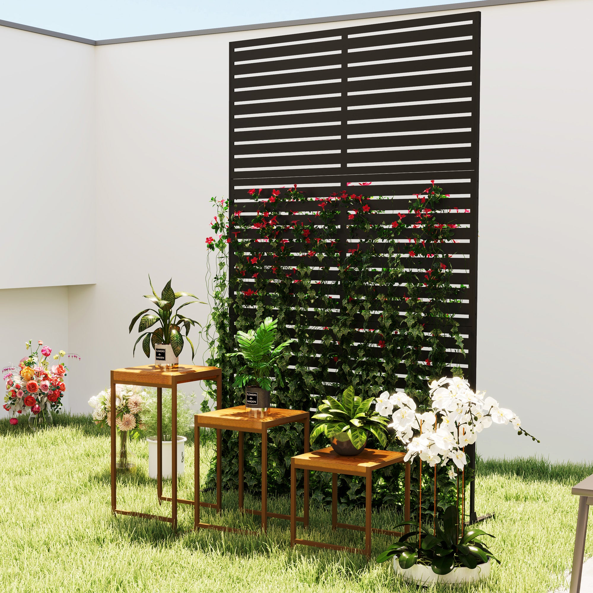 black wooden garden trellis Outsunny Decorative Privacy Fence Screen, Metal Outdoor Privacy Screen Climbing Plant Trellis with Stand, 78" H x 48" W, Black
