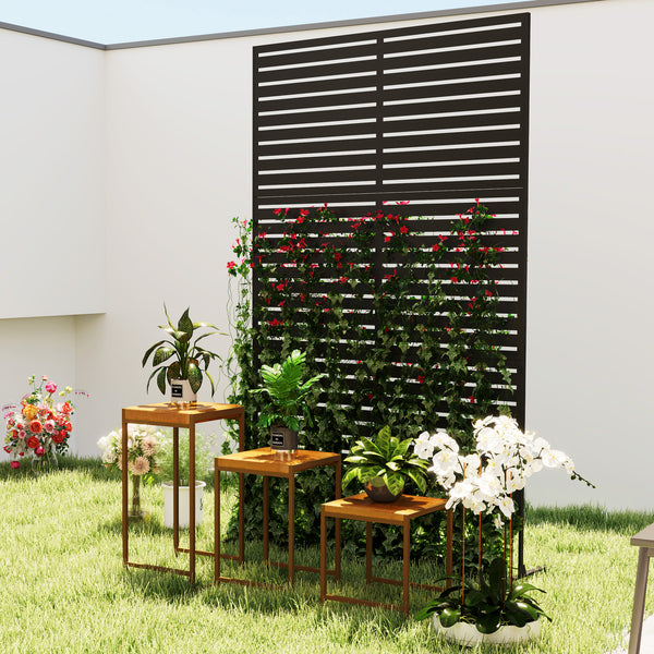 Outsunny Metal Outdoor Privacy Screen, 78" H x 48" W Decorative Privacy Fence Screen, Freestanding Outdoor Divider with Stand, Climbing Plant Trellis for Garden Walkway, Balcony, Patio, Striped Black