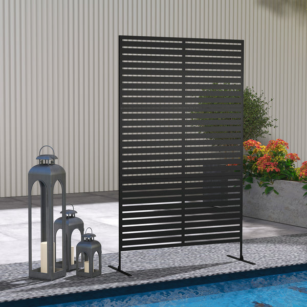 Outsunny Metal Outdoor Privacy Screen, 78" H x 48" W Decorative Privacy Fence Screen, Freestanding Outdoor Divider with Stand, Climbing Plant Trellis for Garden Walkway, Balcony, Patio, Striped Black