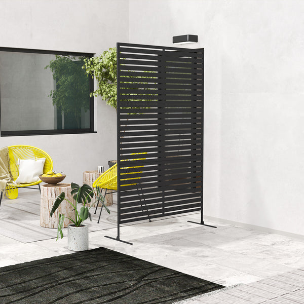 Outsunny Metal Outdoor Privacy Screen, 78" H x 48" W Decorative Privacy Fence Screen, Freestanding Outdoor Divider with Stand, Climbing Plant Trellis for Garden Walkway, Balcony, Patio, Striped Black