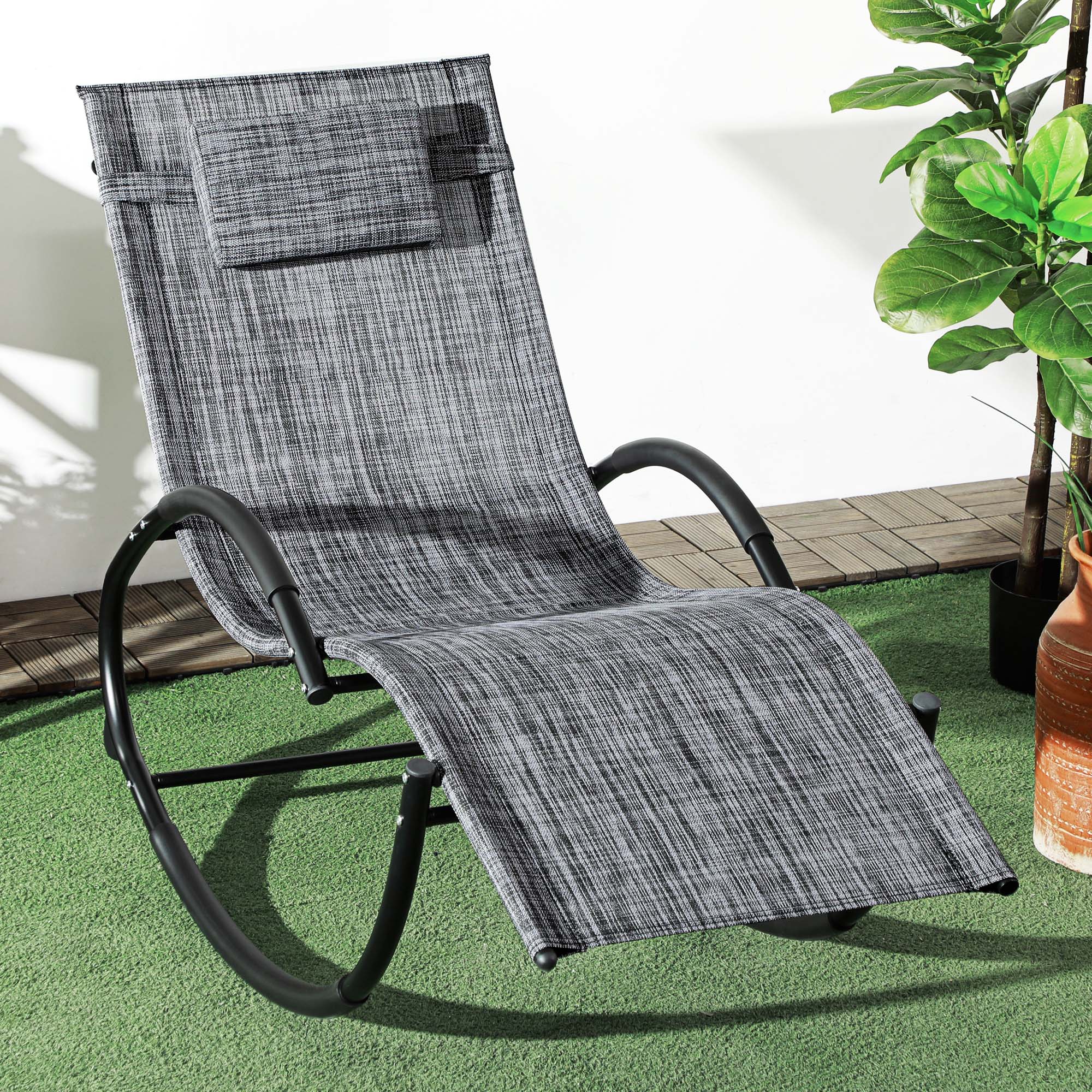 Outdoor Rocking Chair, Patio Zero Gravity Rocker with Mesh Seat and Padded Pillow, Grey