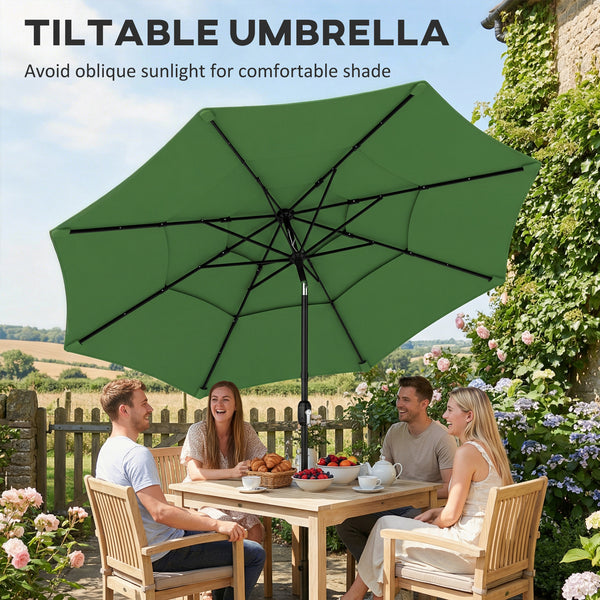 3 m Garden Parasol, Parasol Umbrella with 3-tier Roof, Crank Handle, Tilt Function, Polyester Canopy, Outdoor Table Umbrella for Patio, Garden, Green
