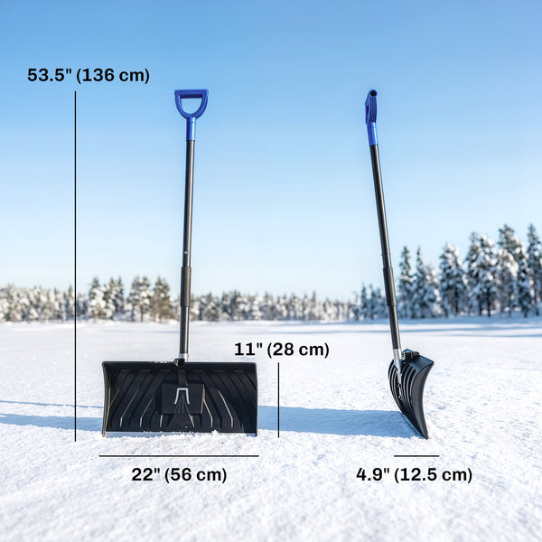 2-in-1 Snow Shovel and Ice Scraper, 22" Heavy Duty Snow Pusher with Metal Wear Strip, Detachable Ergonomic Handle for Driveway, Sidewalk, Camping, Outdoor Use, Black