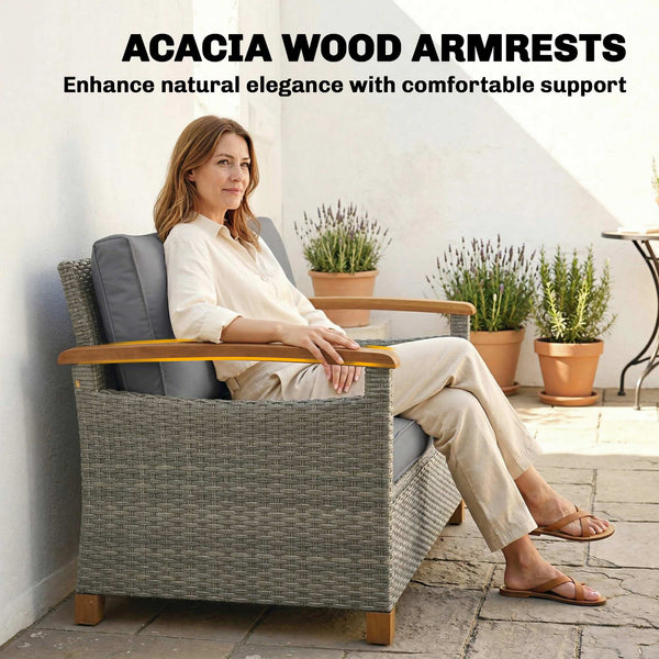 2 Seater Rattan Garden Sofa, Outdoor Sofa with Thickened Cushions and Acacia Wood Armrests, All Weather Small Rattan Garden Furniture Loveseat for Patio, Balcony, Porch, Dark Grey