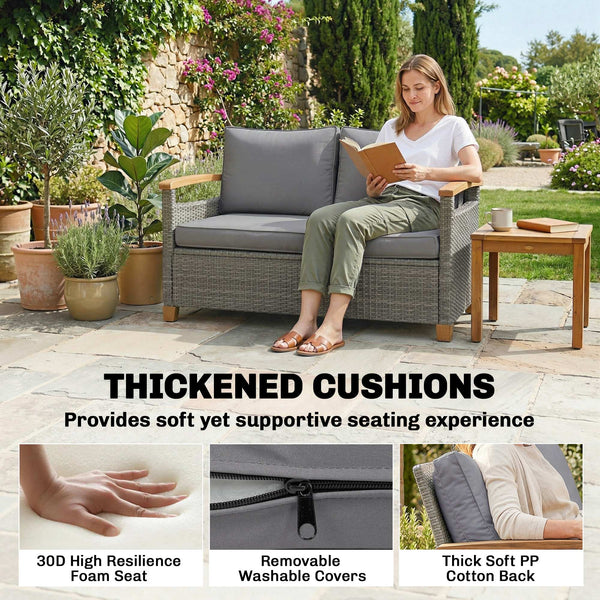 2 Seater Rattan Garden Sofa, Outdoor Sofa with Thickened Cushions and Acacia Wood Armrests, All Weather Small Rattan Garden Furniture Loveseat for Patio, Balcony, Porch, Dark Grey