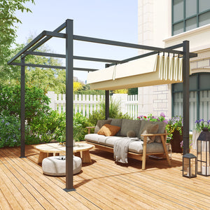 3 x 3(m) Pergola with Retractable Roof Canopy, Aluminium Frame Garden Gazebo Outdoor Sun Shade Shelter for Grill, Patio, Deck, Khaki