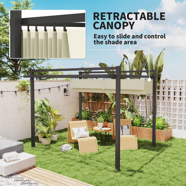 3 x 3(m) Pergola with Retractable Roof Canopy, Aluminium Frame Garden Gazebo Outdoor Sun Shade Shelter for Grill, Patio, Deck, Khaki