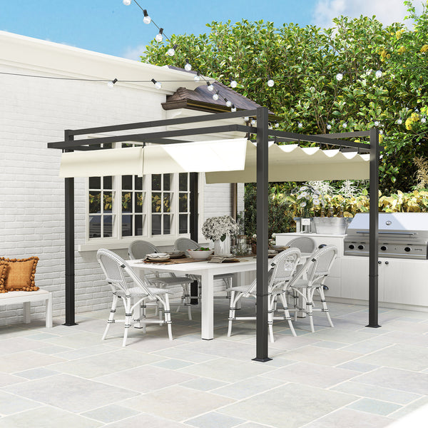 3 x 3(m) Pergola with Retractable Roof Canopy, Aluminium Frame Garden Gazebo Outdoor Sun Shade Shelter for Grill, Patio, Deck, Khaki