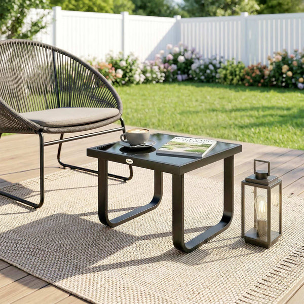 Metal Garden Coffee Table, Outdoor Rectangle Side Table with Tempered Glass Tabletop and Adjustable Foot Pads for Terrace, Balcony, Patio, 45 x 45 x 33 cm, Black