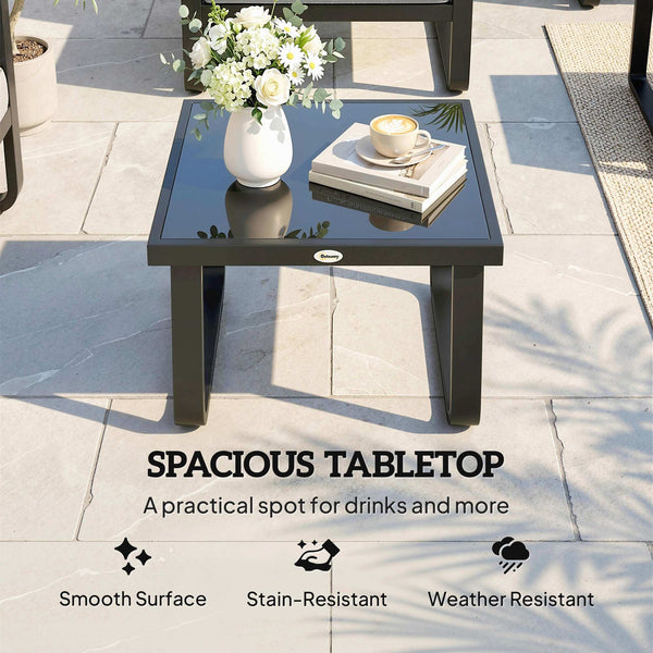 Metal Garden Coffee Table, Outdoor Rectangle Side Table with Tempered Glass Tabletop and Adjustable Foot Pads for Terrace, Balcony, Patio, 45 x 45 x 33 cm, Black