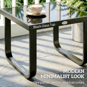 Metal Garden Coffee Table, Outdoor Rectangle Side Table with Tempered Glass Tabletop and Adjustable Foot Pads for Terrace, Balcony, Patio, 45 x 45 x 33 cm, Black
