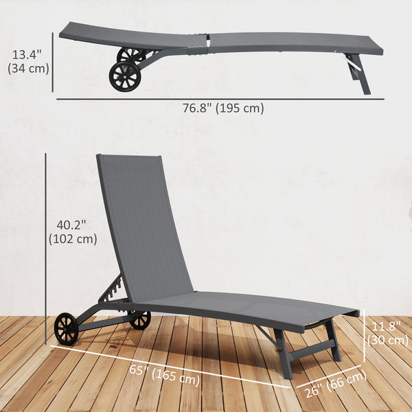 Lounge Chair Outdoor Set of 2 with Wheels, 5-Position Reclining Chaise Lounge Tanning Chair, Breathable Mesh Sun Lounger for Patio, Backyard, Beach, Poolside, Dark Grey