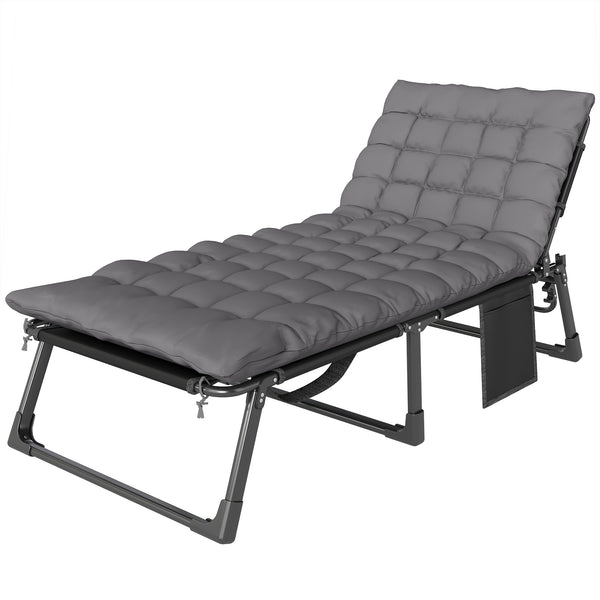 Lounge Chair Outdoor, 75 cm Wide Folding Chaise Lounge Tanning Chair, 5-Position Beach Patio Lounger Camping Cot Bed with Cushion, Side Pocket, Dark Grey