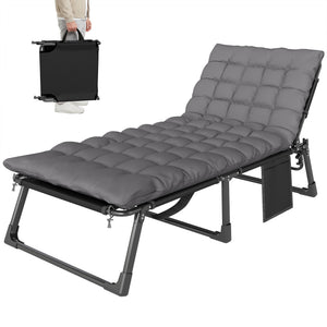 Lounge Chair Outdoor, 75 cm Wide Folding Chaise Lounge Tanning Chair, 5-Position Beach Patio Lounger Camping Cot Bed with Cushion, Side Pocket, Dark Grey