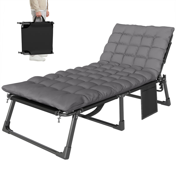 Lounge Chair Outdoor, 75 cm Wide Folding Chaise Lounge Tanning Chair, 5-Position Beach Patio Lounger Camping Cot Bed with Cushion, Side Pocket, Dark Grey