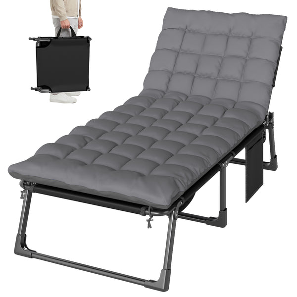 Lounge Chair Outdoor, 75 cm Wide Folding Chaise Lounge Tanning Chair, 5-Position Beach Patio Lounger Camping Cot Bed with Cushion, Side Pocket, Dark Grey