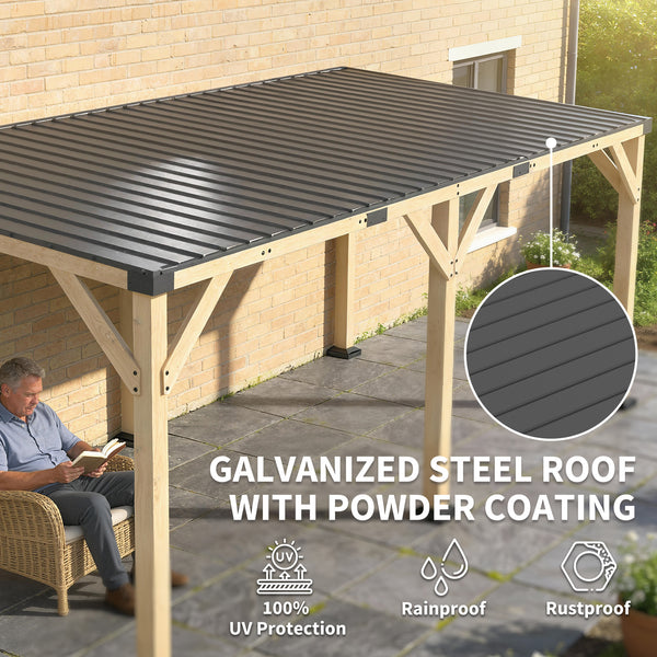 10' x 20' Wooden Gazebo, Hardtop Lean-to Gazebo Pergola with Galvanized Steel Sloped Roof, Large Heavy Duty Awning for Patio, Deck, Backyard, Light Walnut