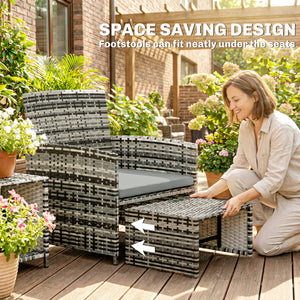 6 Piece Rattan Garden Furniture Set, Space-Saving Patio Furniture Conversation Set with 2 Nesting Tables, 2 Chairs, 2 Footstools, Wicker Outdoor Sofa with Cushions for Balcony Porch, Grey