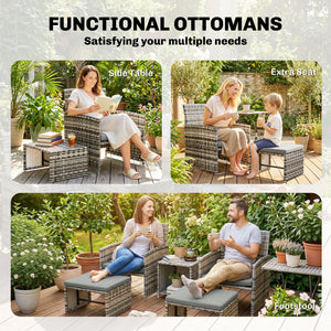 6 Piece Rattan Garden Furniture Set, Space-Saving Patio Furniture Conversation Set with 2 Nesting Tables, 2 Chairs, 2 Footstools, Wicker Outdoor Sofa with Cushions for Balcony Porch, Grey