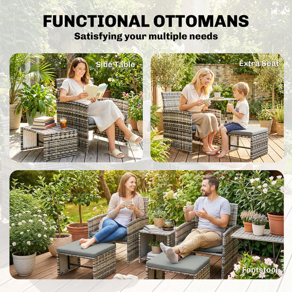 6 Piece Rattan Garden Furniture Set, Space-Saving Patio Furniture Conversation Set with 2 Nesting Tables, 2 Chairs, 2 Footstools, Wicker Outdoor Sofa with Cushions for Balcony Porch, Grey