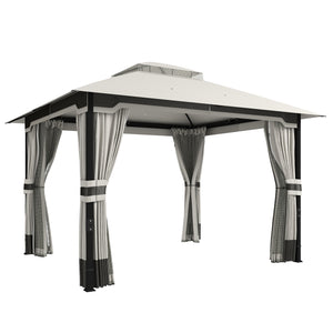 3 x 3.6 m Outdoor Garden Gazebo with Netting and Curtains, Double Roof Patio Gazebo Permanent Pavilion Canopy Shelter with Metal Frame, Drainage Holes, Light Grey