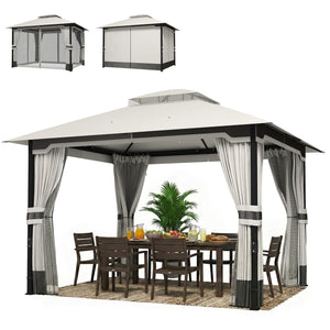 3 x 3.6 m Outdoor Garden Gazebo with Netting and Curtains, Double Roof Patio Gazebo Permanent Pavilion Canopy Shelter with Metal Frame, Drainage Holes, Light Grey