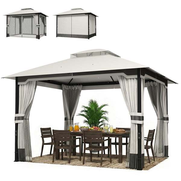 3 x 3.6 m Outdoor Garden Gazebo with Netting and Curtains, Double Roof Patio Gazebo Permanent Pavilion Canopy Shelter with Metal Frame, Drainage Holes, Light Grey