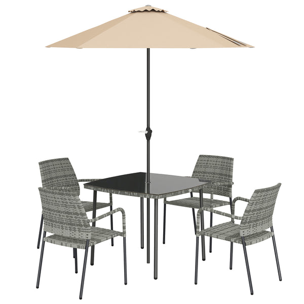 4 Seater Rattan Dining Set with Parasol, 6 Piece Garden Table and Stackable Chairs with Tempered Glass Tabletop, All-Weather Outdoor Rattan Furniture Set for Patio, Light Grey