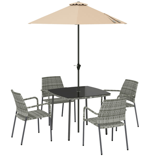 4 Seater Rattan Dining Set with Parasol, 6 Piece Garden Table and Stackable Chairs with Tempered Glass Tabletop, All-Weather Outdoor Rattan Furniture Set for Patio, Light Grey