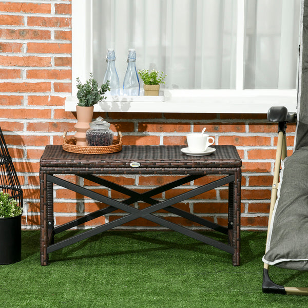 Outdoor Coffee Table, Garden PE Rattan Side Table with Plastic Board Under the Full Woven Table Top and X-Shape Frame for Patio, Balcony, Mixed Brown
