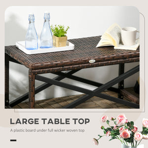 Outdoor Coffee Table, Garden PE Rattan Side Table with Plastic Board Under the Full Woven Table Top and X-Shape Frame for Patio, Balcony, Mixed Brown