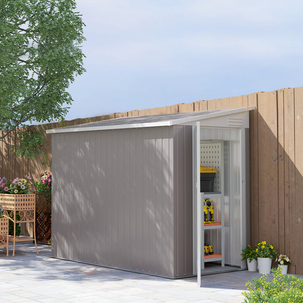 4' x 8' Steel Garden Storage Shed Lean to Shed Outdoor Metal Tool House with Lockable Door and 2 Air Vents for Backyard, Patio, Lawn, Light Grey