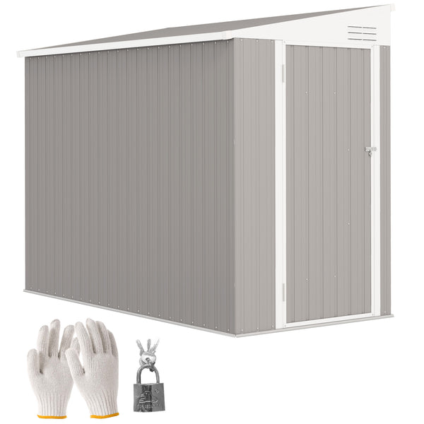 4' x 8' Steel Garden Storage Shed Lean to Shed Outdoor Metal Tool House with Lockable Door and 2 Air Vents for Backyard, Patio, Lawn, Light Grey