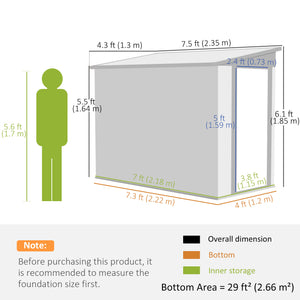 4' x 8' Steel Garden Storage Shed Lean to Shed Outdoor Metal Tool House with Lockable Door and 2 Air Vents for Backyard, Patio, Lawn, Light Grey