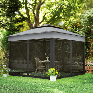 10.7 x 10.7ft Pop Up Camping Gazebo, Height Adjustable Instant Sun Shelter with UV30+ Roof Cover, Removable Mesh Curtains and Carrying Bag for Patio, Backyard, Dark Grey