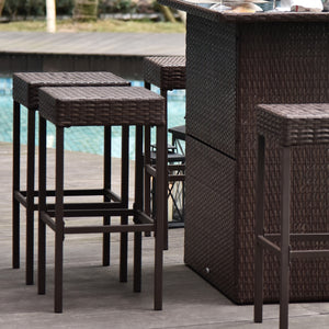 Outsunny 5 Pcs Rattan Wicker Bar Set, High Top Outdoor Table and Chairs, Bar Height Patio Set with Glass Table Top 2 Tier Storage Shelf, and 4 Bar Stools for Garden, Poolside, Dark Brown