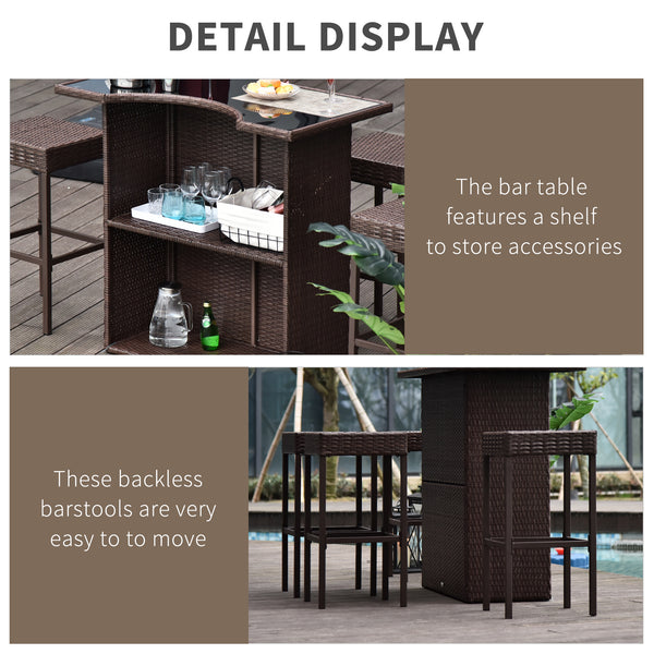 Outsunny 5 Pcs Rattan Wicker Bar Set, High Top Outdoor Table and Chairs, Bar Height Patio Set with Glass Table Top 2 Tier Storage Shelf, and 4 Bar Stools for Garden, Poolside, Dark Brown