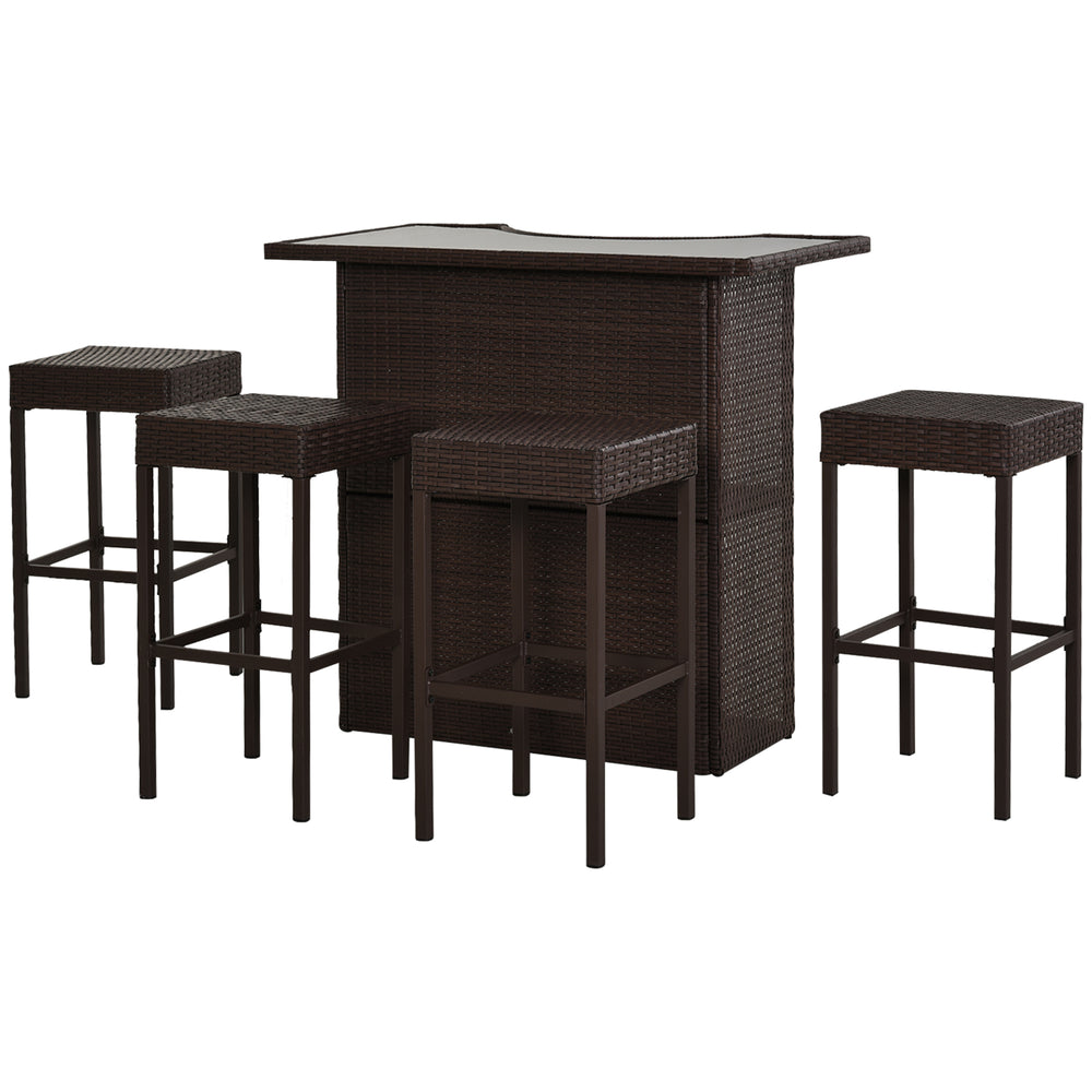5 Pieces Patio Bar Set, Outdoor PE Rattan Wicker High Top Outdoor Table and Chairs Outdoor Bar Set with Tempered Glass Top Bar Table and Shelves, 4 Bar Chairs, Dark Brown