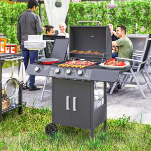 3+1 Burner Gas BBQ Gril with Side Burner, Warming Rack & Thermometer, 110 x 50 x 100cm, Grey