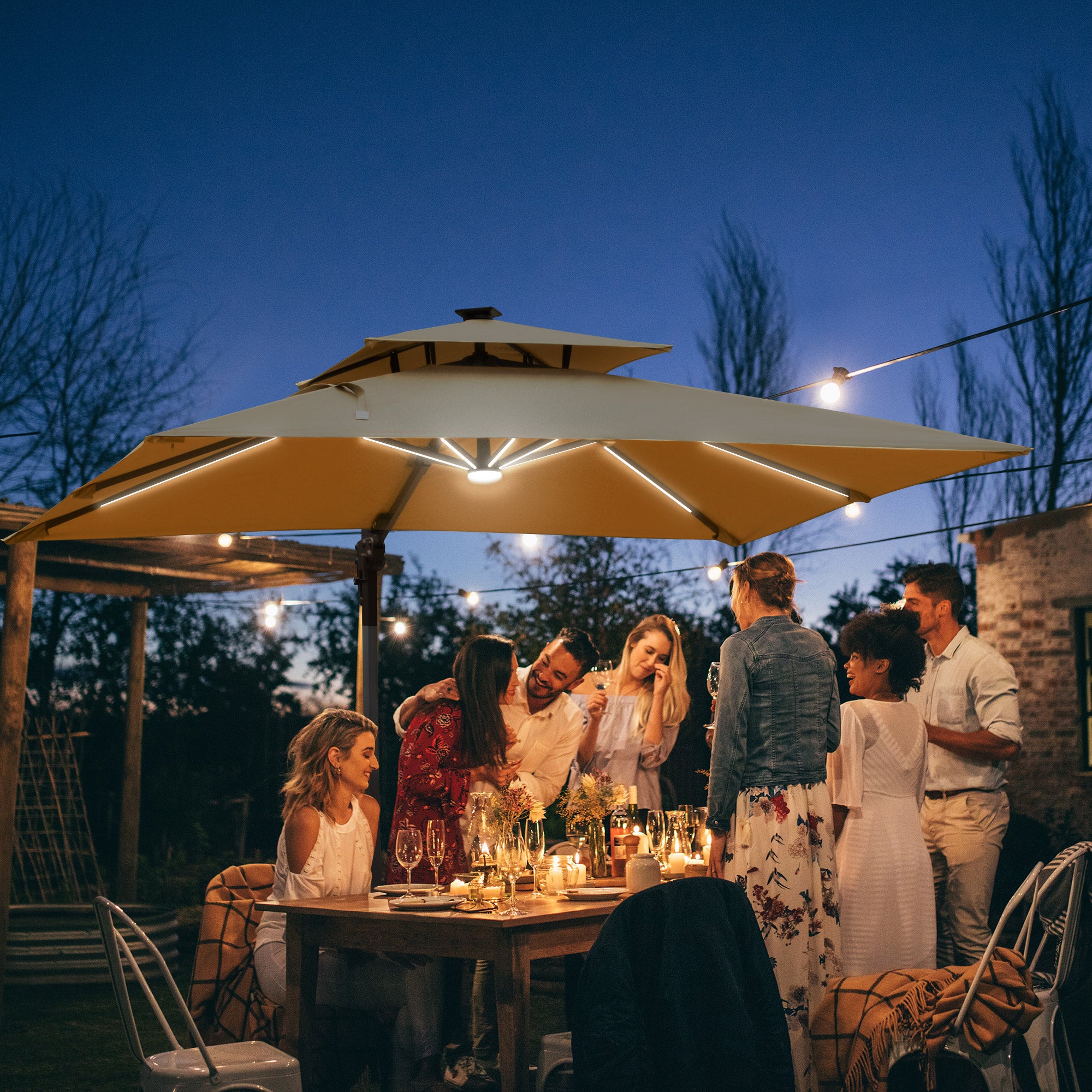 Outsunny 10ft. Solar LED Cantilever Umbrella, Offset Hanging Umbrella with 360° Rotation, Cross Base, 8 Ribs, Tilt and Crank for Yard, Khaki Outsunny 10ft. Solar LED Cantilever Umbrella, Offset Hanging Umbrella with 360° Rotation, Cross Base, 8 Ribs, Tilt and Crank for Yard, Khaki