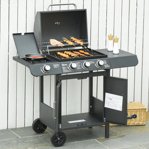 3+1 Burner Gas BBQ Gril with Side Burner, Warming Rack & Thermometer, 110 x 50 x 100cm, Grey