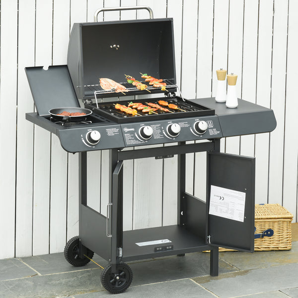 3+1 Burner Gas BBQ Gril with Side Burner, Warming Rack & Thermometer, 110 x 50 x 100cm, Grey