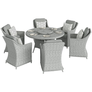 6 Seater Rattan Garden Dining Set with Lazy Susan, Round Garden Table and Chairs with Marble Effect Glass Table, Cushions and Pillows, Aluminium Frame Outdoor Furniture Set for Patio, Grey