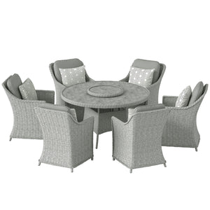 6 Seater Rattan Garden Dining Set with Lazy Susan, Round Garden Table and Chairs with Marble Effect Glass Table, Cushions and Pillows, Aluminium Frame Outdoor Furniture Set for Patio, Grey