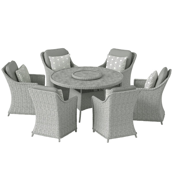 6 Seater Rattan Garden Dining Set with Lazy Susan, Round Garden Table and Chairs with Marble Effect Glass Table, Cushions and Pillows, Aluminium Frame Outdoor Furniture Set for Patio, Grey