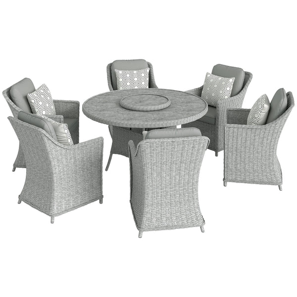 6 Seater Rattan Garden Dining Set with Lazy Susan, Round Garden Table and Chairs with Marble Effect Glass Table, Cushions and Pillows, Aluminium Frame Outdoor Furniture Set for Patio, Grey