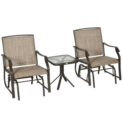 3 Piece Outdoor Glider Chair with Coffee Table Bistro Set, 2 Patio Rocking Swing Chairs with Breathable Sling Fabric, Glass Tabletop, for Backyard, Garden and Porch, Mixed Brown
