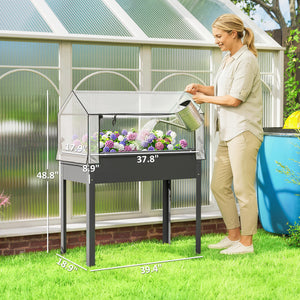 Raised Garden Bed with Greenhouse Cover, Elevated Planter Box with Legs and Drainage Hole for Vegetables Flowers Herbs, 39.4" x 18.9" x 48.8", Dark Gray