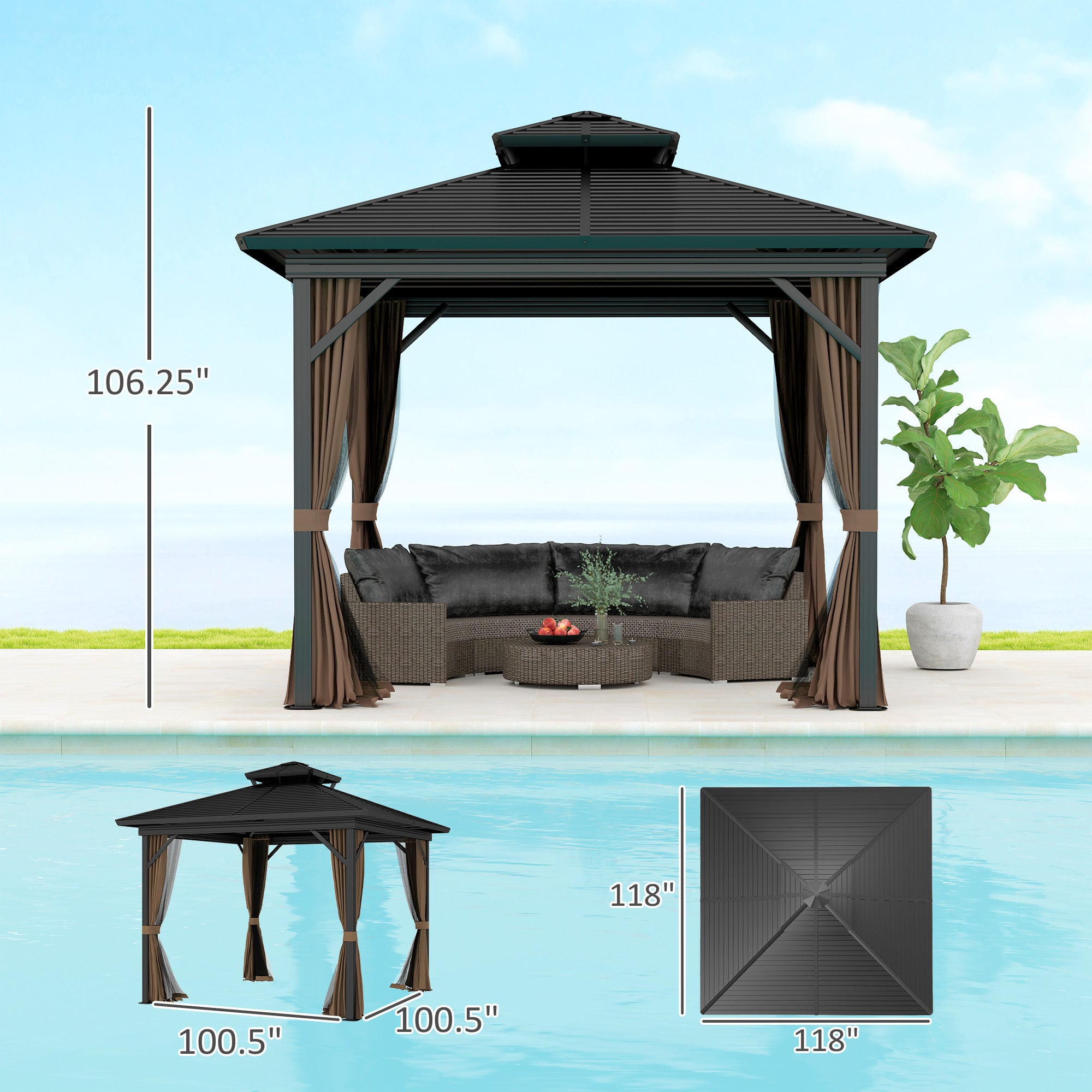 Outsunny 10' x 10' Hardtop Gazebo with Aluminum Frame, Metal Roof Gazebo Canopy w/ Hook, Curtains included, Dark Brown